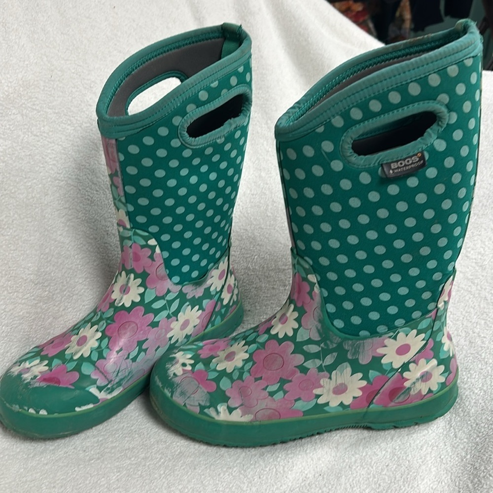Bogs Girls Flower Dots Rubber Weatherproof Boots, youth 7 - Picture 6 of 13